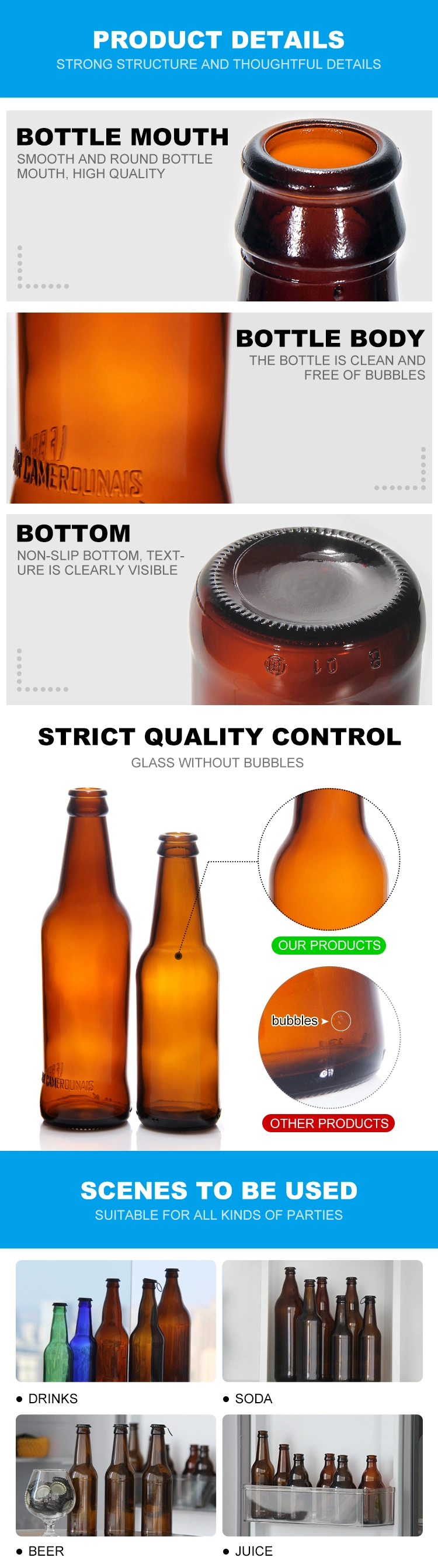 Empty 640ml 650ml 1000ml Green Amber Glass Bottle for Juice Beer Kombucha