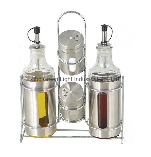 4PCS Glass Oil Vinegar Bottle and Salt Pepper Shaker with Metal Rack 